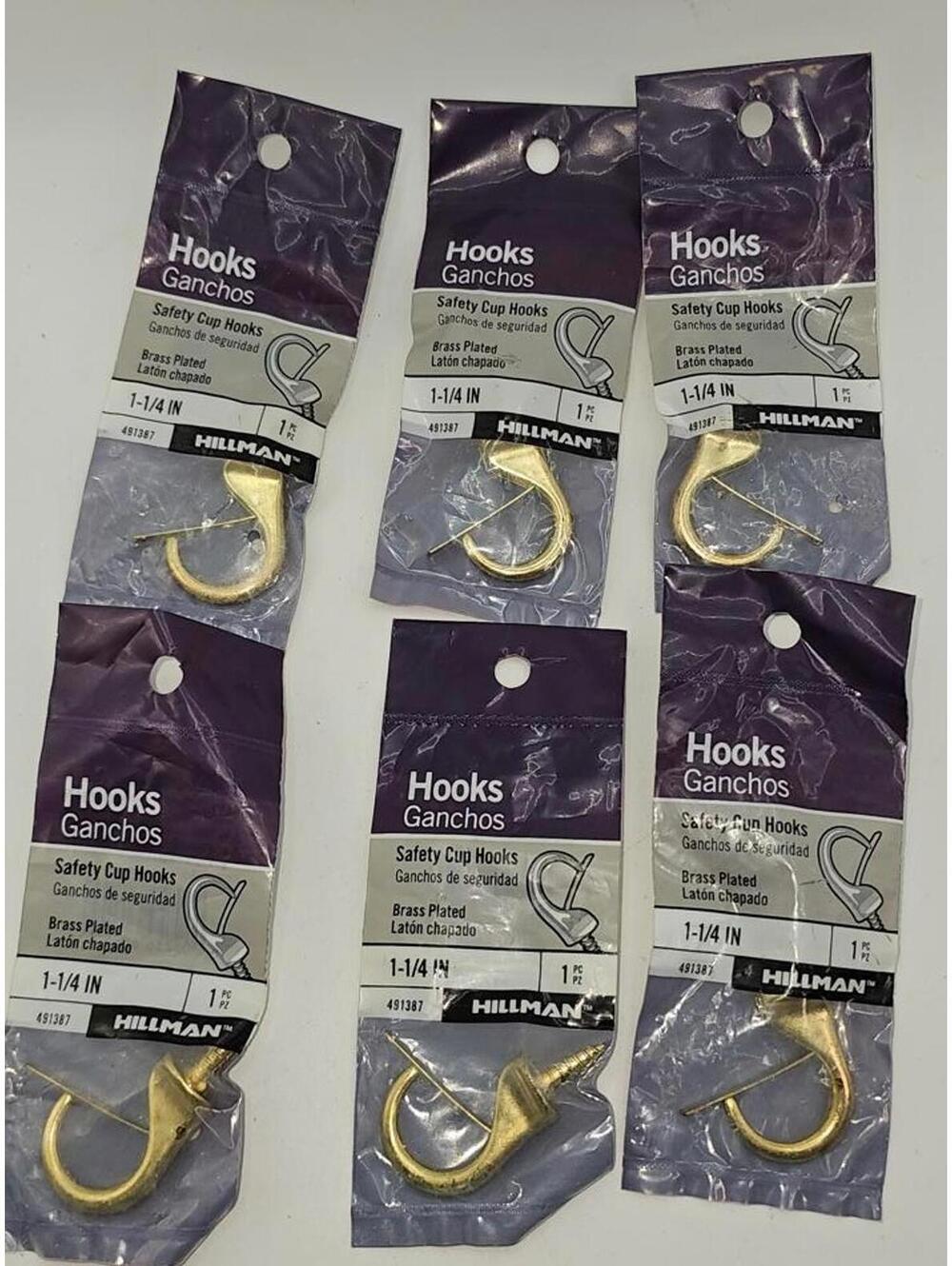 Hillman Brass Plated Safety Cup Hooks 1-1/4 Inch - 6 Pack